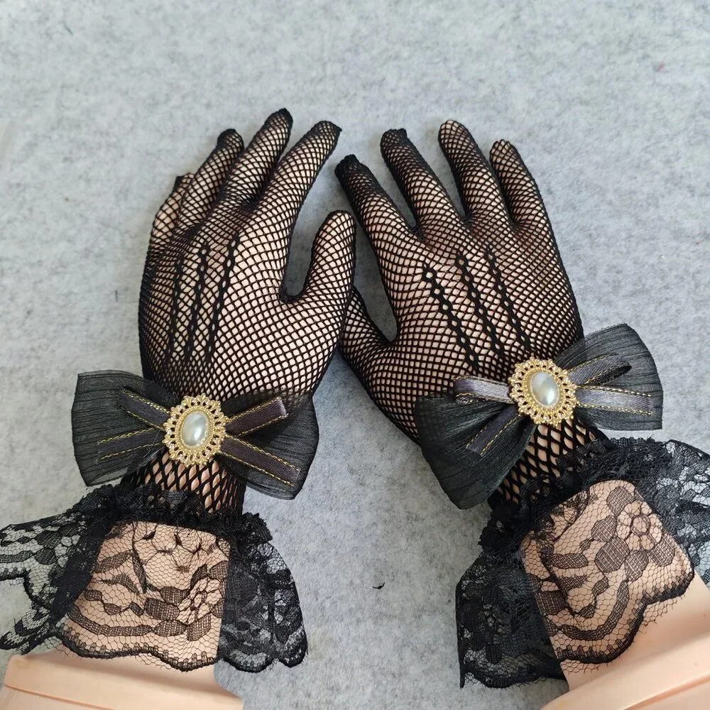 Women's Hand Sleeve Black Bow Lace Gloves Wedding Halloween Costume Party Prom